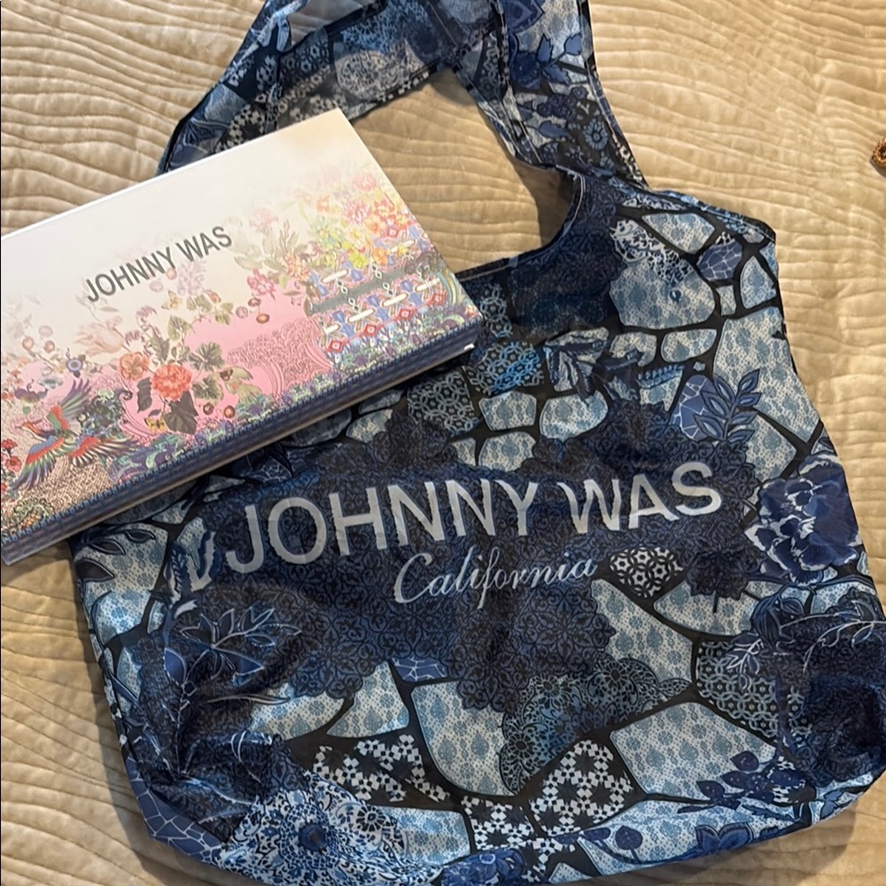 Johnny Was Blue Floral Women's Reusable Shopping Bag and Logo Scarf Box